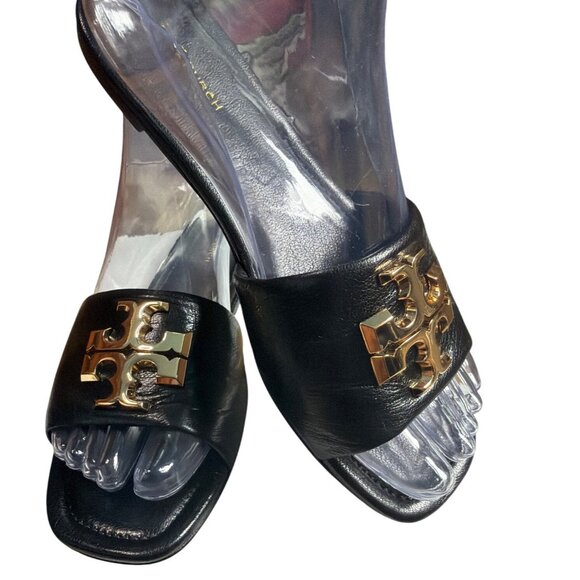 Tory Burch Eleanor Leather Slides Gold Hardware Black Size 6.5 - Picture 9 of 16